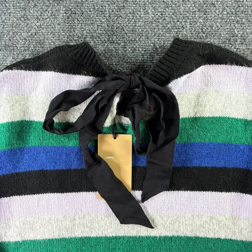 Halogen Striped Crewneck Sweater Womens Small Multicolor Back Ribbon Tie Preppy